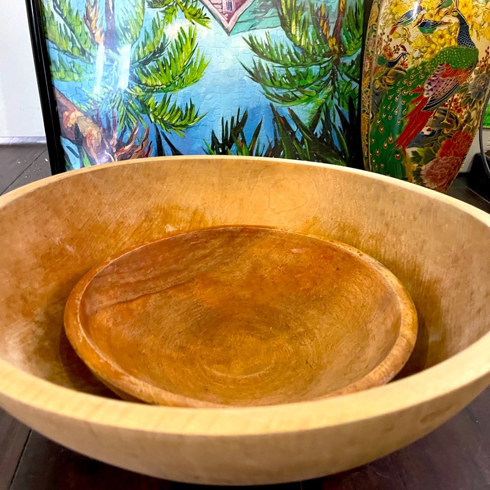 1962 Primitive Antique Hand Turned Wooden Bowls (2)